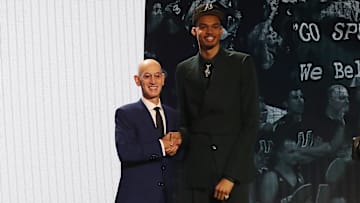 Jun 22, 2023; Brooklyn, NY, USA; Victor Wembanyama poses for photos with NBA commissioner Adam Silver after being selected first by the San Antonio Spurs in the first round of the 2023 NBA Draft at Barclays Arena. Mandatory Credit: Wendell Cruz-Imagn Images