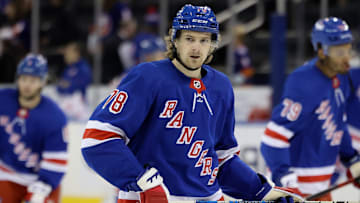 Sep 26, 2022; New York, New York, USA; New York Rangers left wing Brennan Othmann (78) looks out during warmups before a game against the New York Islanders at Madison Square Garden. Mandatory Credit: Jessica Alcheh-USA TODAY Sports