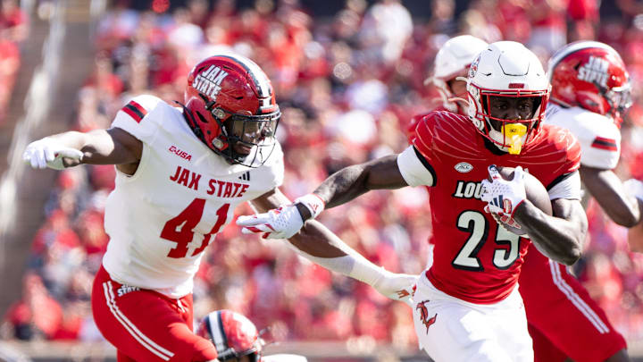 Louisville Cardinals running back Isaac Brown (25) runs down the field during their game against the Jacksonville State Gamecocks on Saturday, Sept. 7, 2024 at L&N Federal Credit Union Stadium in Louisville, Ky.