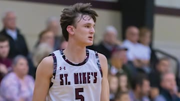 St. Michaels Crusaders guard Bo Ogden (5) waits in his offensive position 