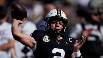 Vanderbilt's quarterback Diego Pavia (2) warms up before their game against Missouri at FirstBank Stadium in Nashville, Tenn., Saturday, Oct. 25, 2025.