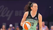 Sep 19, 2025; Phoenix, Arizona, USA; New York Liberty forward Breanna Stewart (30) dribbles against the Phoenix Mercury during the first half of game three of round one for the 2025 WNBA Playoffs at PHX Arena. Mandatory Credit: Joe Camporeale-Imagn Images