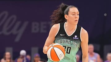 Sep 19, 2025; Phoenix, Arizona, USA; New York Liberty forward Breanna Stewart (30) dribbles against the Phoenix Mercury during the first half of game three of round one for the 2025 WNBA Playoffs at PHX Arena. Mandatory Credit: Joe Camporeale-Imagn Images