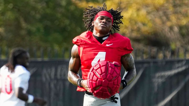 Aug 1, 2024; Columbus, OH, USA; Ohio State Buckeyes wide receiver Jeremiah Smith (4) runs during football camp at the Woody Hayes Athletic Complex.