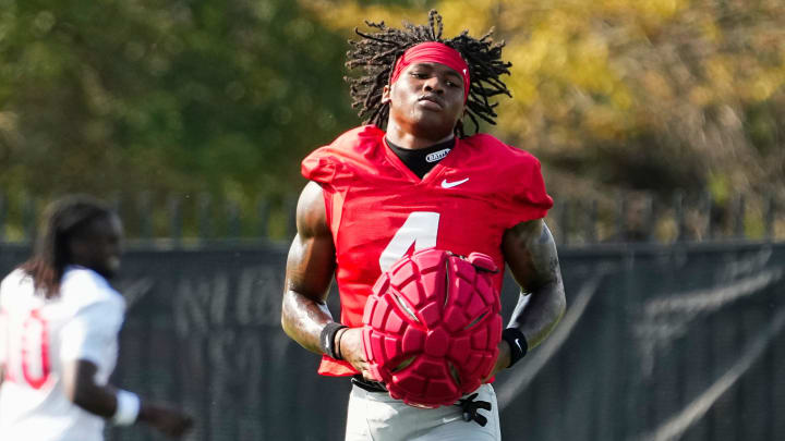 Aug 1, 2024; Columbus, OH, USA; Ohio State Buckeyes wide receiver Jeremiah Smith (4) runs during football camp at the Woody Hayes Athletic Complex.