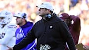 Mississippi State Bulldogs coach Jeff Lebby  reacts after a touchdown against the Mississippi Rebels at Vaught-Hemingway Stadium. 