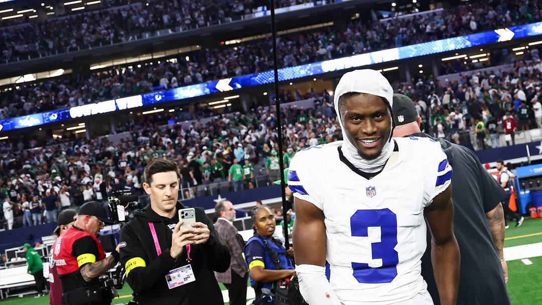 Dallas Cowboys wide receiver George Pickens smiles after the game against the Philadelphia Eagles at AT&T Stadium. 