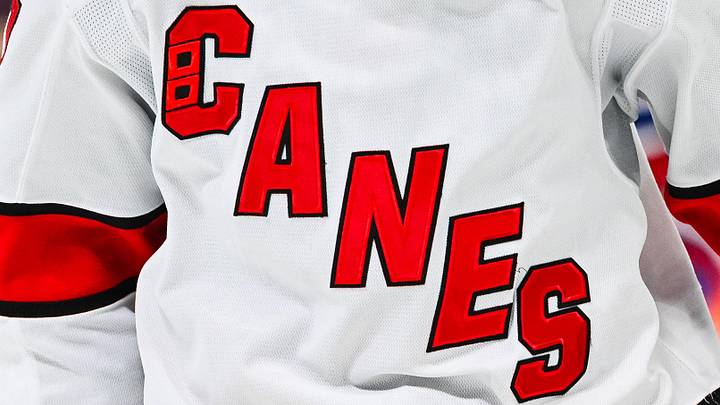 Apr 16, 2025; Montreal, Quebec, CAN; View of a Carolina Hurricanes logo on a jersey worn by a member of the team in the second period at Bell Centre. Apr 16, 2025; Montreal, Quebec, CAN; View of a Carolina Hurricanes logo on a jersey worn by a member of the team in the second period at Bell Centre.