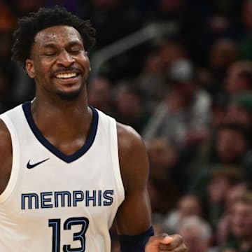 Apr 3, 2024; Milwaukee, Wisconsin, USA; Memphis Grizzlies forward Jaren Jackson Jr. (13) reacts in the third quarter against the Milwaukee Bucks at Fiserv Forum. Mandatory Credit: Benny Sieu-Imagn Images