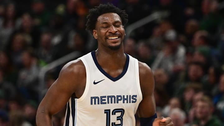 Apr 3, 2024; Milwaukee, Wisconsin, USA; Memphis Grizzlies forward Jaren Jackson Jr. (13) reacts in the third quarter against the Milwaukee Bucks at Fiserv Forum. Mandatory Credit: Benny Sieu-Imagn Images