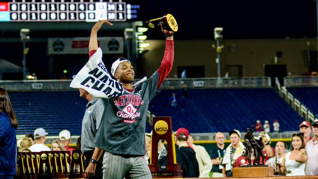 Oklahoma pitcher LJ Mercurius celebrates after winning the national championship.