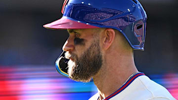 Sep 28, 2025; Philadelphia, Pennsylvania, USA; Philadelphia Phillies first base Bryce Harper (3) during the fourth inning against the Minnesota Twins at Citizens Bank Park. 