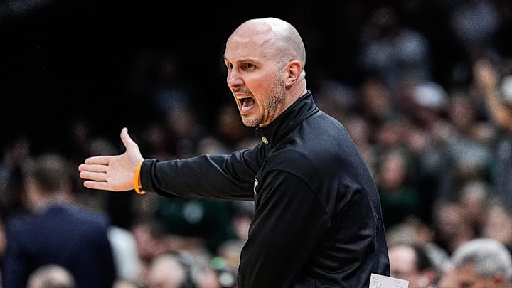 Bryant head coach Phil Martelli Jr. reacts to a play against Michigan State during the first half of the First Round of NCAA Tournament at Rocket Arena in Cleveland, Ohio on Friday, March 21, 2025.