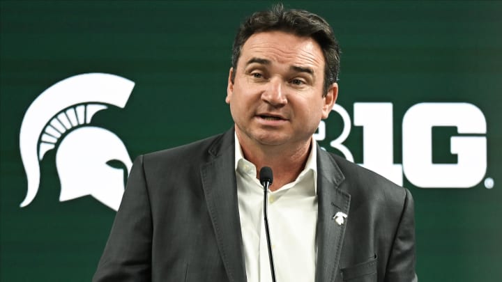 Jul 24, 2024; Indianapolis, IN, USA;  Michigan State Spartans head coach Jonathan Smith speaks to the media during the Big 10 football media day at Lucas Oil Stadium. Mandatory Credit: Robert Goddin-USA TODAY Sports