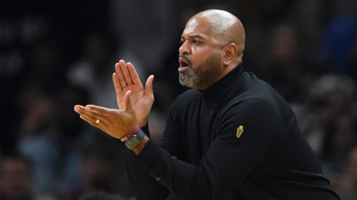 Mar 20, 2024; Cleveland, Ohio, USA; Cleveland Cavaliers head coach J. B. Bickerstaff reacts in the second quarter against the Miami Heat at Rocket Mortgage FieldHouse. Mandatory Credit: David Richard-USA TODAY Sports