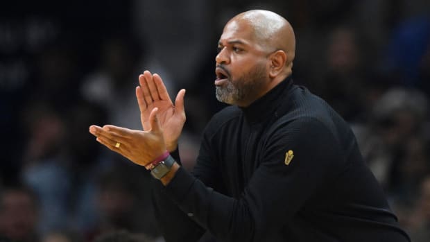 Mar 20, 2024; Cleveland, Ohio, USA; Cleveland Cavaliers head coach J. B. Bickerstaff reacts in the second quarter against the Miami Heat at Rocket Mortgage FieldHouse. Mandatory Credit: David Richard-USA TODAY Sports