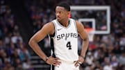 Mar 7, 2025; Sacramento, California, USA; San Antonio Spurs guard De'Aaron Fox (4) looks on during the first quarter of the game against the Sacramento Kings at Golden 1 Center.