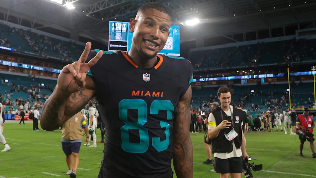 Miami Dolphins tight end Darren Waller (83) reacts after the game against the New York Jets at Hard Rock Stadium.