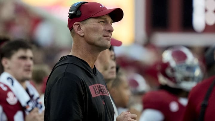 Nov 22, 2025; Tuscaloosa, Alabama, USA;  Alabama head coach Kalen DeBoer watches his team play Eastern Illinois at Saban Field at Bryant-Denny Stadium. Mandatory Credit: Gary Cosby Jr.-Imagn Images