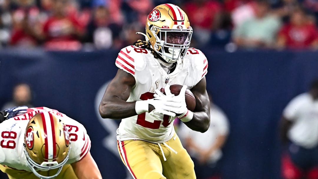 Aug 25, 2022; Houston, Texas, USA;  San Francisco 49ers running back Trey Sermon (28) runs the ball during the first half against the Houston Texans at NRG Stadium.