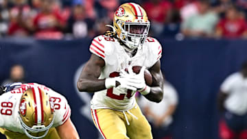 Aug 25, 2022; Houston, Texas, USA;  San Francisco 49ers running back Trey Sermon (28) runs the ball during the first half against the Houston Texans at NRG Stadium.