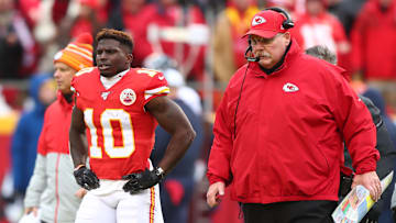 Jan 12, 2020; Kansas City, Missouri, USA; Kansas City Chiefs wide receiver Tyreek Hill (10) and head coach Andy Reid against the Houston Texans in the AFC Divisional Round playoff football game at Arrowhead Stadium. Mandatory Credit: Mark J. Rebilas-Imagn Images