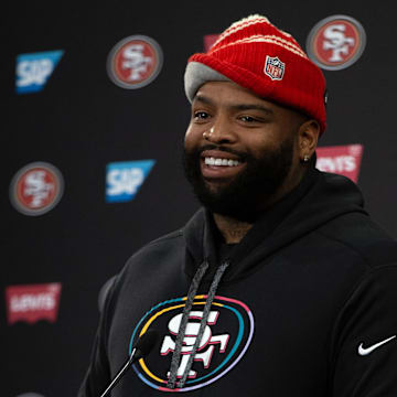 Jun 10, 2025; Santa Clara, CA, USA; San Francisco 49ers offensive tackle Trent Williams speaks to the media following an OTA at Levi's Stadium. Mandatory Credit: D. Ross Cameron-Imagn Images
