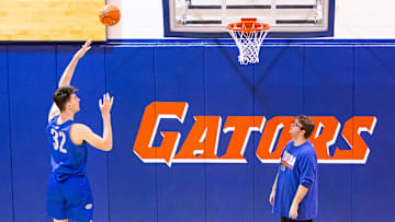 Florida Gators center Olivier Rioux shoots hook shots as the Florida Gators men’s basketball team held a practice on John W. Frost II Practice Court in Gainesville, FL, on Tuesday, September 24, 2024. 