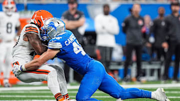 Detroit Lions linebacker Jack Campbell (46) tackles Cleveland Browns running back Quinshon Judkins (10) during the second half at Ford Field in Detroit on Sunday, Sept. 28, 2025.