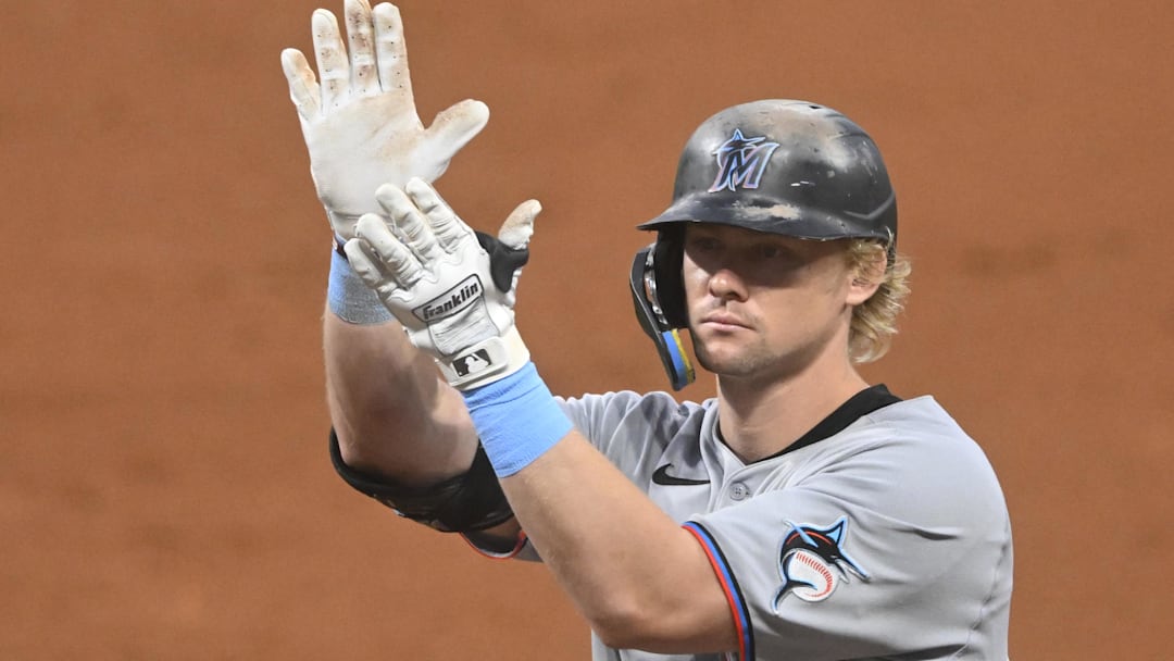 Aug 13, 2025; Cleveland, Ohio, USA; Miami Marlins left fielder Kyle Stowers (28) celebrates his RBI single in the sixth inning against the Cleveland Guardians at Progressive Field. 