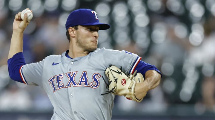 Aug 28, 2024; Chicago, Illinois, USA; Texas Rangers starting pitcher Jack Leiter (35) delivers a pitch against the Chicago White Sox during the first inning of game two of the doubleheader at Guaranteed Rate Field. Mandatory Credit: Kamil Krzaczynski-USA TODAY Sports