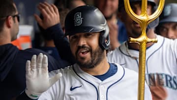 Seattle Mariners third baseman Eugenio Suarez celebrates after hitting a home run against the San Diego Padres on Aug. 27 at T-Mobile Park.