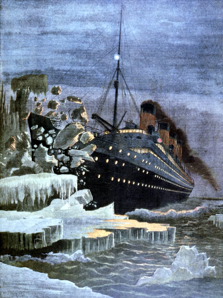 The 'Titanic' colliding with an iceberg, 1912.