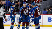 Mar 8, 2025; Denver, Colorado, USA; Colorado Avalanche center Nathan MacKinnon (29) celebrates his goal with defenseman Cale Makar (8) in the third period against the Toronto Maple Leafs at Ball Arena. Mandatory Credit: Isaiah J. Downing-Imagn Images