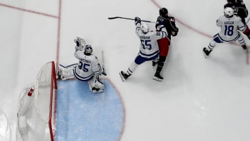 Dec 29, 2023; Columbus, Ohio, USA; Toronto Maple Leafs goalie Ilya Samsonov (35) makes a glove save