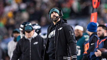 Dec 15, 2024; Philadelphia, Pennsylvania, USA; Philadelphia Eagles head coach Nick Sirianni looks on against the Pittsburgh Steelers at Lincoln Financial Field. Mandatory Credit: Bill Streicher-Imagn Images