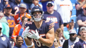 Aug 10, 2024; Orchard Park, New York, USA; Chicago Bears tight end Cole Kmet (85) warms up prior to the game against the Buffalo Bills at Highmark Stadium. Mandatory Credit: Gregory Fisher-USA TODAY Sports