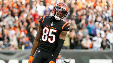 Cincinnati Bengals wide receiver Tee Higgins (85) smiles as he scores a touchdown in the fourth quarter of the NFL Week 16 game between the Cincinnati Bengals and the Baltimore Ravens at Paul Brown Stadium in downtown Cincinnati on Sunday, Dec. 26, 2021. The Bengals improved to 9-6 on the season with a 41-21 win over the Ravens.

Baltimore Ravens At Cincinnati Bengals Week 16