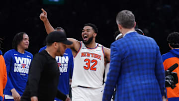 New York Knicks center Karl-Anthony Towns reacts after defeating the Boston Celtics in the 2025 NBA Playoffs