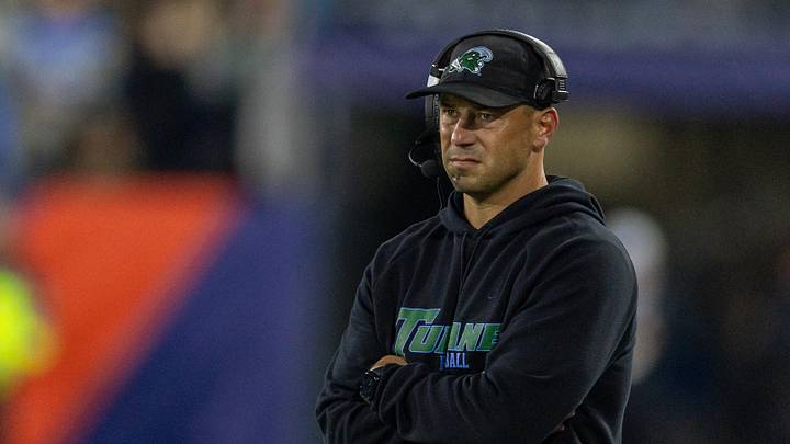 Dec 5, 2025; New Orleans, LA, USA;  Tulane Green Wave head coach Jon Sumrall looks on against the North Texas Mean Green during the first half in the 2025 American Championship at Yulman Stadium. Mandatory Credit: Stephen Lew-Imagn Images