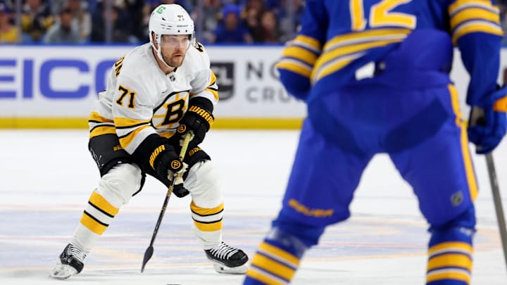 Apr 21, 2026; Buffalo, New York, USA; Boston Bruins left wing Viktor Arvidsson (71) looks to make a pass during the first period against the Buffalo Sabres in game two of the first round of the 2026 Stanley Cup Playoffs at KeyBank Center.