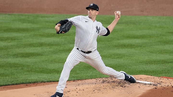 Aug 15, 2020; Bronx, New York, USA; New York Yankees starting pitcher James Paxton (65) delivers a pitch during the top of the first inning against the Boston Red Sox at Yankee Stadium. Mandatory Credit: Vincent Carchietta-Imagn Images