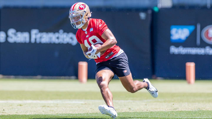 May 10, 2024; Santa Clara, CA, USA; San Francisco 49ers running back Isaac Guerendo (49) runs drills during the 49ers rookie minicamp at Levi’s Stadium in Santa Clara, CA. Mandatory Credit: Robert Kupbens-USA TODAY Sports