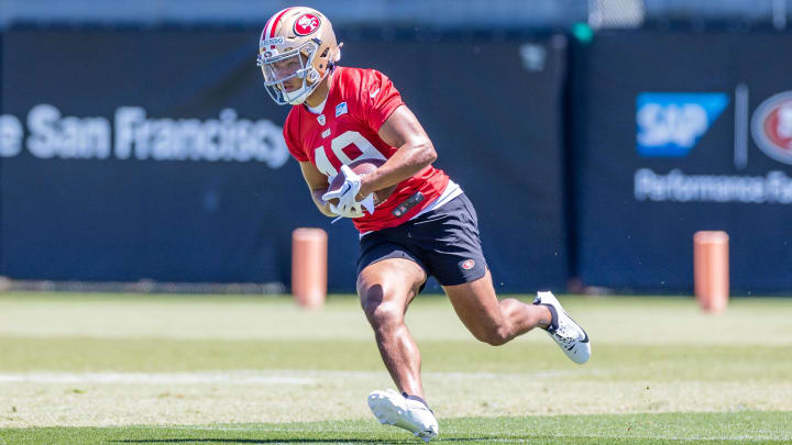 May 10, 2024; Santa Clara, CA, USA; San Francisco 49ers running back Isaac Guerendo (49) runs drills during the 49ers rookie minicamp at Levi’s Stadium in Santa Clara, CA. Mandatory Credit: Robert Kupbens-USA TODAY Sports