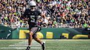 Oregon Ducks quarterback Dante Moore carries the ball as the Oregon Ducks host the Oregon State Beavers Sept. 20, 2025, at Autzen Stadium in Eugene, Oregon.