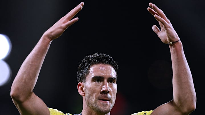 Juventus striker Dusan Vlahovic celebrates his goal against Cagliari