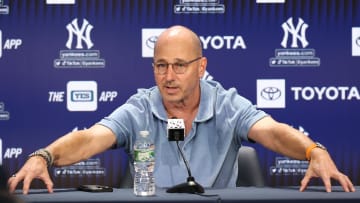 Aug 23, 2023; Bronx, New York, USA; New York Yankees general manager Brian Cashman talks with the media before the game between the Yankees and the Washington Nationals at Yankee Stadium. 