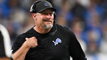 Nov 2, 2025; Detroit, Michigan, USA; Detroit Lions head coach Dan Campbell struggles to hear an official on a penalty in the fourth quarter against the Minnesota Vikings at Ford Field.