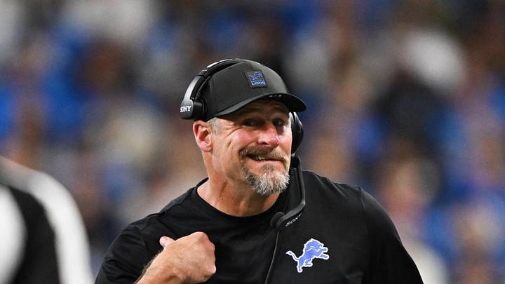 Nov 2, 2025; Detroit, Michigan, USA; Detroit Lions head coach Dan Campbell struggles to hear an official on a penalty in the fourth quarter against the Minnesota Vikings at Ford Field.