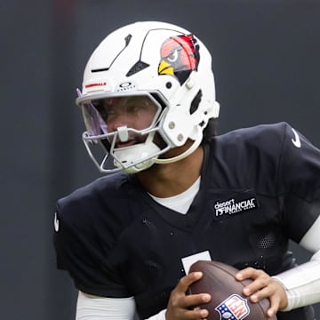 Jul 29, 2025; Glendale, AZ, USA; Arizona Cardinals quarterback Kyler Murray (1) during training camp at State Farm Stadium. Mandatory Credit: Mark J. Rebilas-Imagn Images